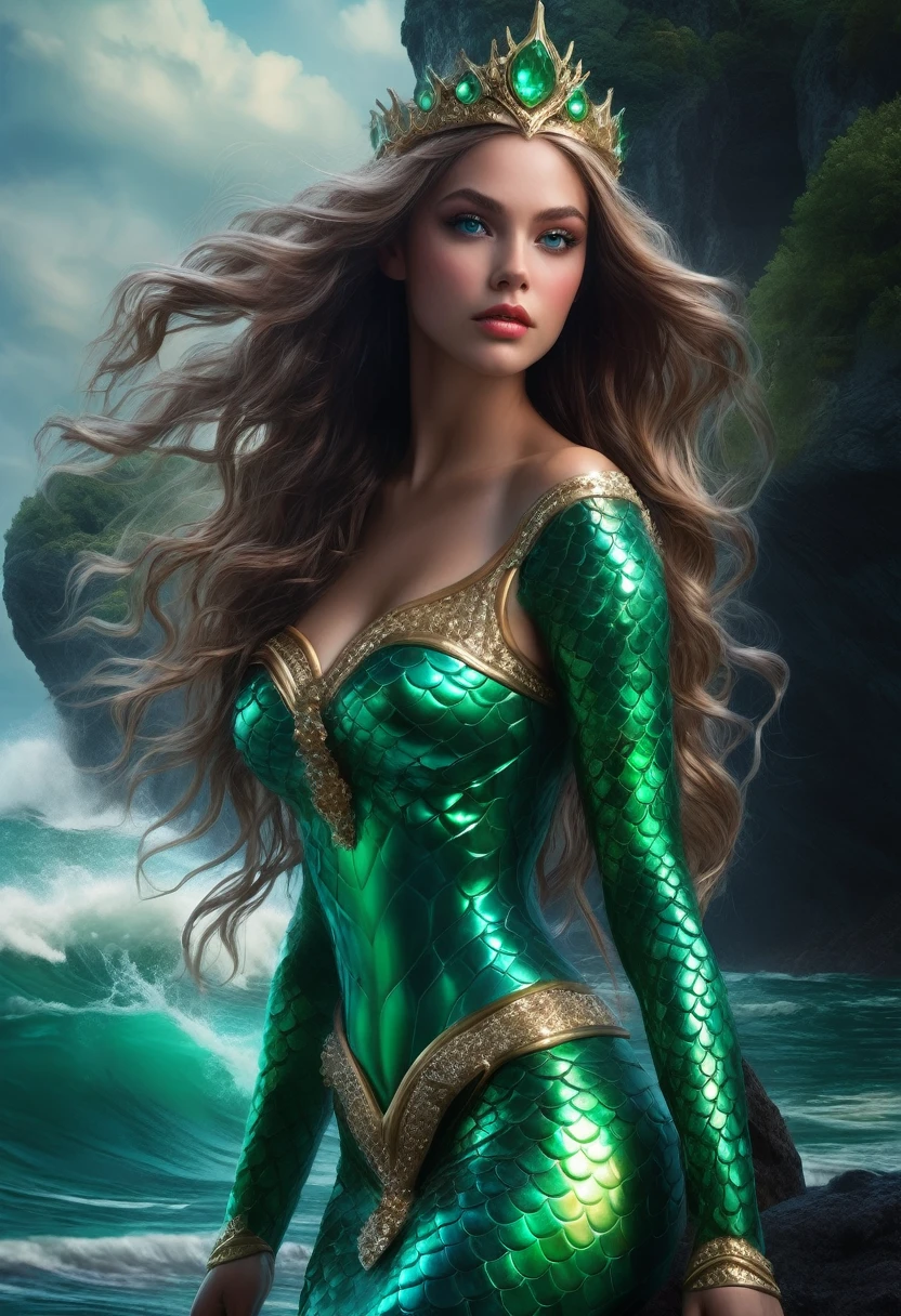 Mermaid Princess, Imagine a Powerful hot attractive back body view sparkle skin mermaid princess with shiny green eyes and powerful Trident,falling heavy hair,who is ruling the Ocean empire, Epic cinematic brilliant stunning intricate meticulously detailed dramatic atmospheric maximalist digital matte painting