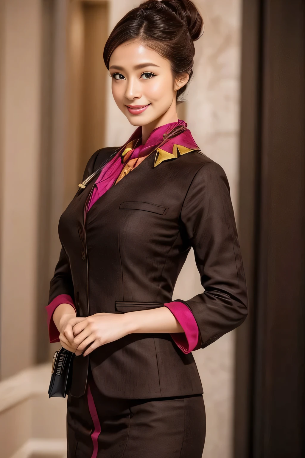 (masterpiece:1.2、highest quality:1.2)、32K HDR、High resolution、(alone、1 girl、Slim figure)、（A realistic reproduction of the ETIHAD Airways Cabincrew Uniform）、 (At the airport counter, Professional Lighting)、Airport counter wall background、A proper woman, Beautiful Face,、（Long sleeve ETIHAD Airways Cabincrew Uniform）、（ETIHAD Airways Cabincrew Uniform skirt with purple stripe on the front）、（scarf on chest）、Big Breasts、（Long Hair Up、Hair Bun）、Dark brown hair、Long Shot、（（Great hands：2.0））、（（Harmonious body proportions：1.5））、（（Normal limbs：2.0））、（（Normal finger：2.0））、（（Delicate eyes：2.0））、（（Normal eyes：2.0））)、Beautiful standing posture、smile、Place your hands around your stomach