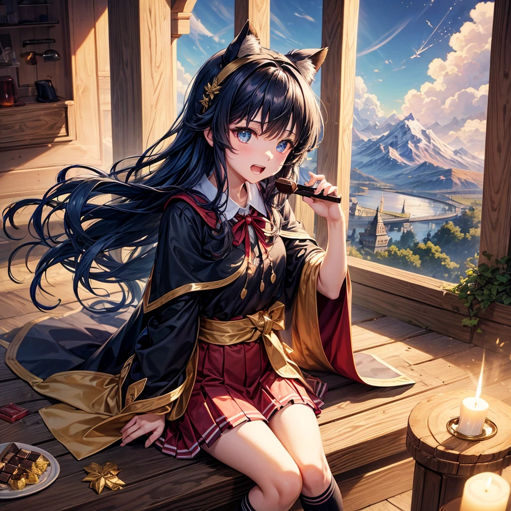 Dark Blue Hair、Golden Eyes、Braid、One good looking girl、solo、anime、Checkered mini skirt、Ruffles on the skirt、Red T-shirt、Cape、Gothic、Black knee-high socks、bandana、Wearing a ribbon、Ribbon on waist、Tilting face、Teeth are visible、Sunset sky、Piercing the clouds、Contrail、tree、Touching your face、lotus leaves、Cumulonimbus、Pillar of Light、Magic wand、Sitting on a golden treasure chest、I'm pounding、candle fire、Eating chocolate、From above