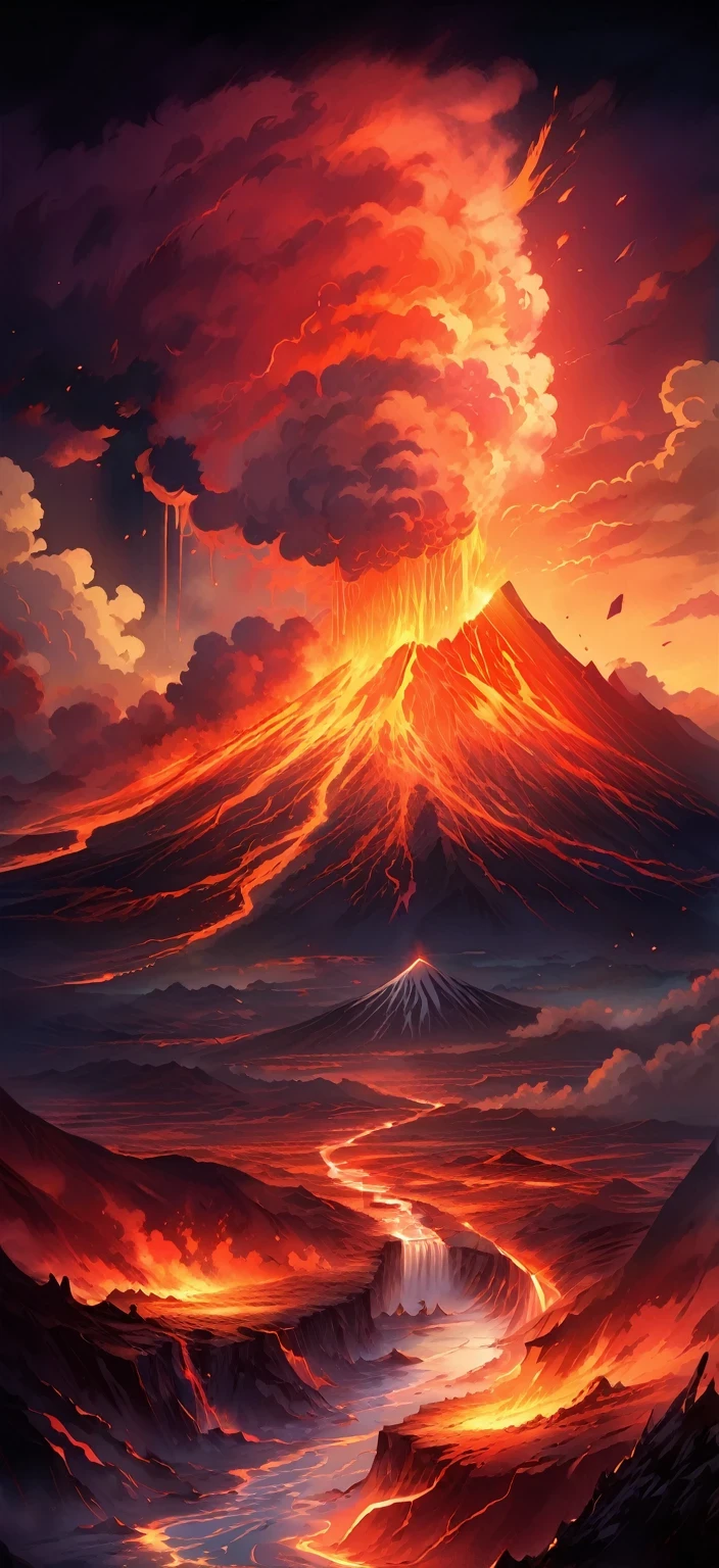 escena del volcan，Cielo de los arcanos mayores, ilustración de fantasía de anime