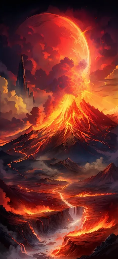 Volcano scene，Major Arcana Sky, Anime fantasy illustration