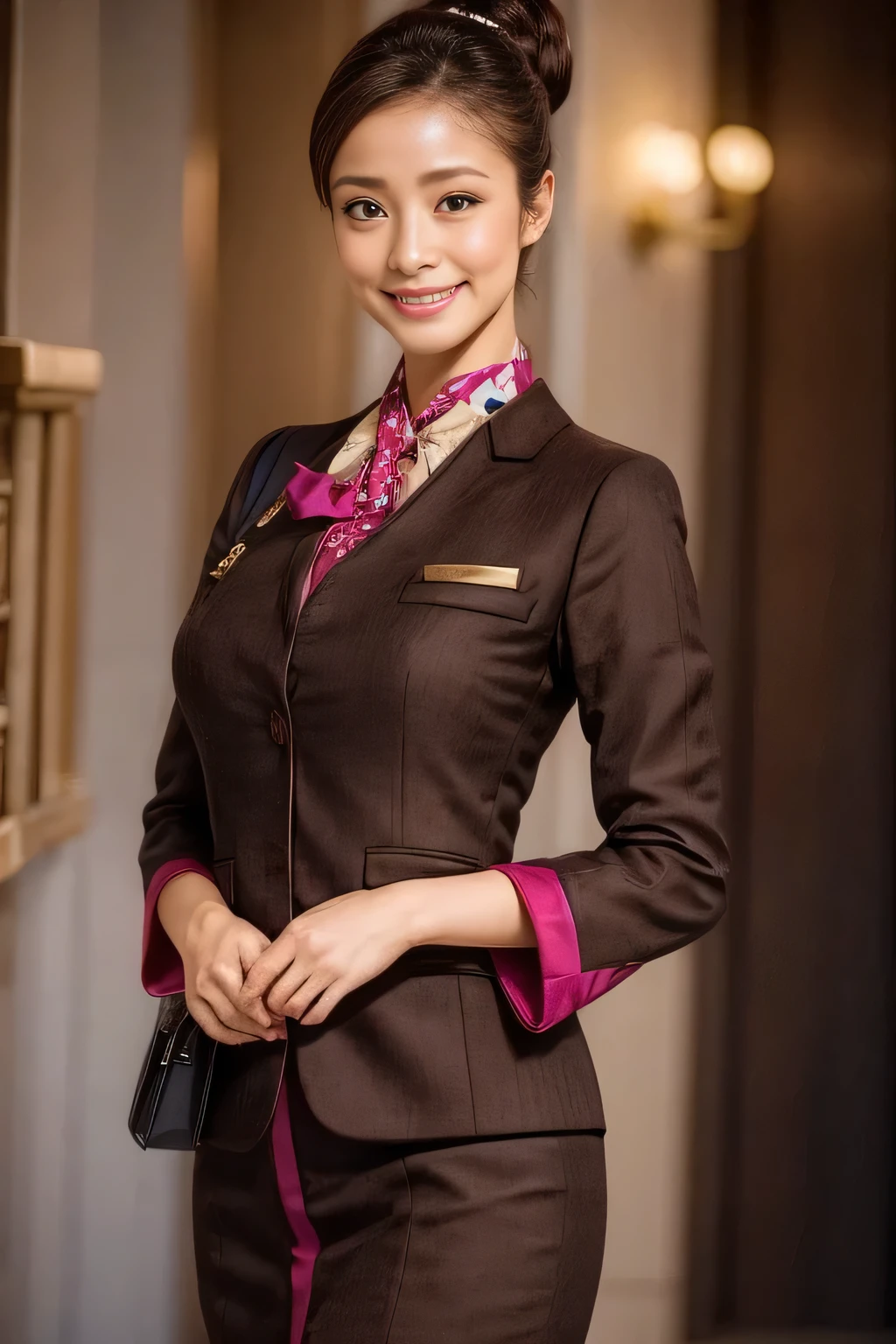 (masterpiece:1.2、highest quality:1.2)、32K HDR、High resolution、(alone、1 girl、Slim figure)、（A realistic reproduction of the ETIHAD Airways Cabincrew Uniform）、 (On board, Professional Lighting)、Background on board、A proper woman, Beautiful Face,、（Long sleeve ETIHAD Airways Cabincrew Uniform）、（ETIHAD Airways Cabincrew Uniform skirt with purple stripe on the front）、（scarf on chest）、Big Breasts、（Chignon、Long hair updo、Hair Bun）、Dark brown hair、Long Shot、（（Great hands：2.0））、（（Harmonious body proportions：1.5））、（（Normal limbs：2.0））、（（Normal finger：2.0））、（（Delicate eyes：2.0））、（（Normal eyes：2.0））)、Beautiful standing posture、smile、Place your hands around your stomach