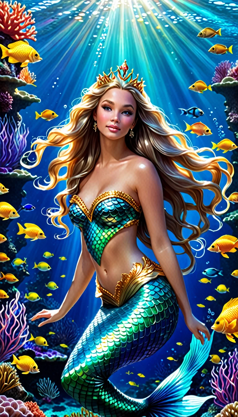 a beautiful mermaid princess, long flowing hair, detailed face features, luminous scales, underwater scene, coral reef, schools of tropical fish, shafts of sunlight, golden crown, flowing gown, serene expression, photorealistic, highly detailed, intricate, cinematic lighting, vivid colors, fantasy art