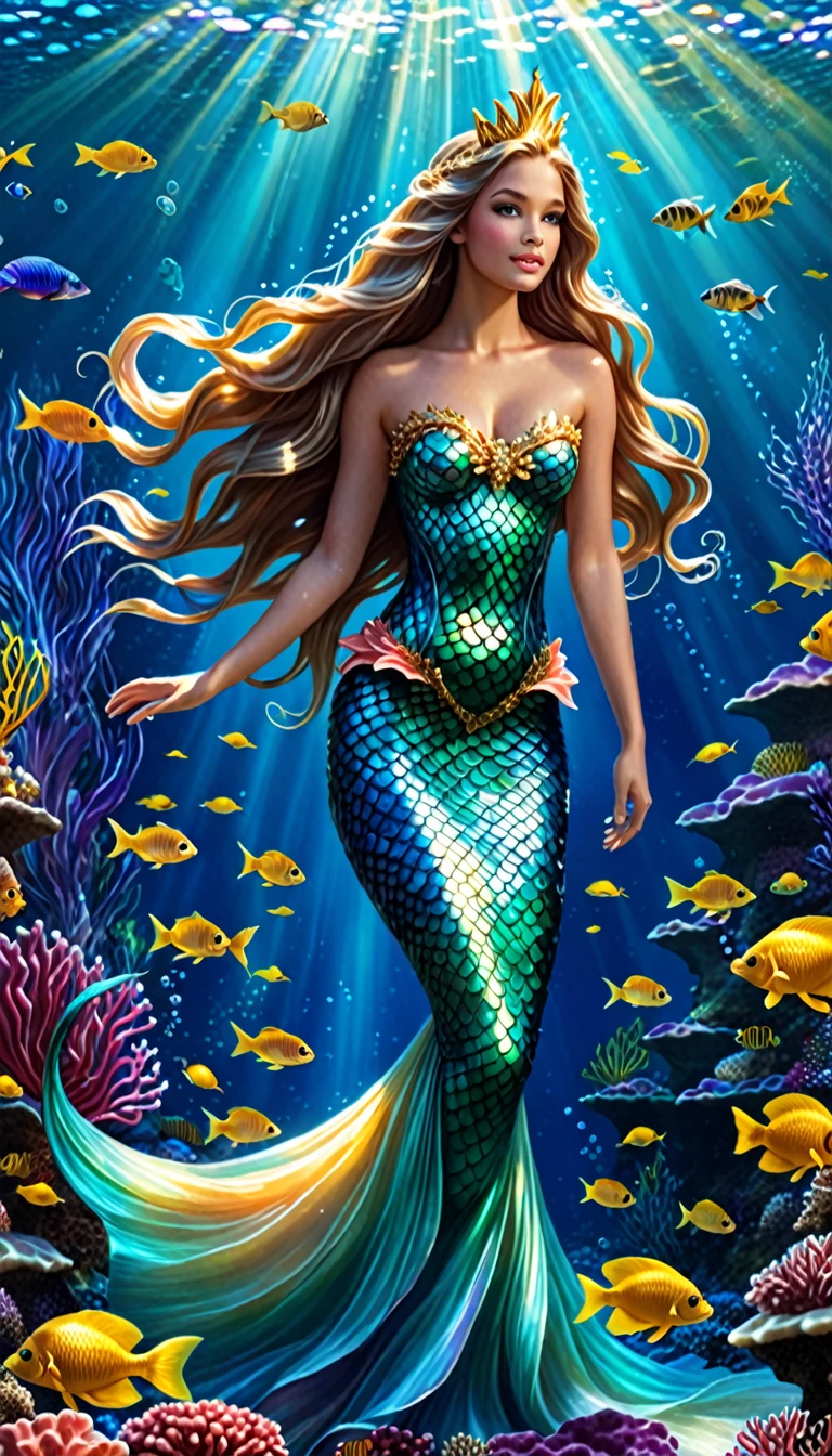 a beautiful mermaid princess, long flowing hair, detailed face features, luminous scales, underwater scene, coral reef, schools of tropical fish, shafts of sunlight, golden crown, flowing gown, serene expression, photorealistic, highly detailed, intricate, cinematic lighting, vivid colors, fantasy art