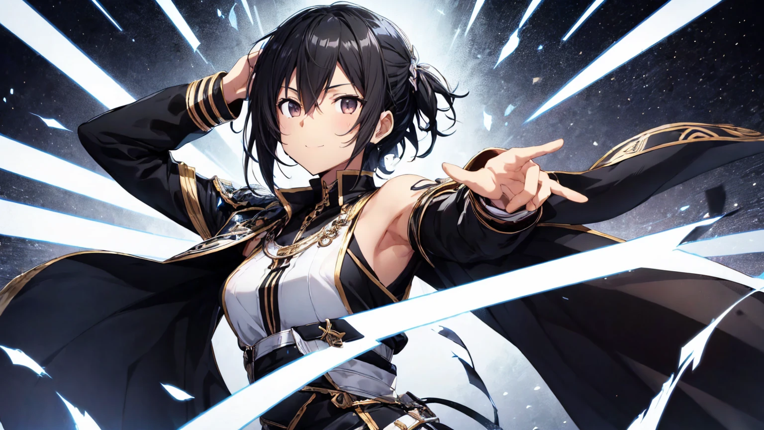 Kirito, Black and white egyptian dancer&#39;s clothing. Black transparent fabric covering her mouth, blushing and smiling, standing alone on a spaceship., big breasts breast enlargement breasts brown skin dark skin looking at the camera full-body shot