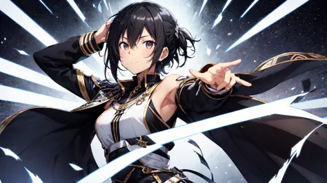 Kirito, Black and white egyptian dancer&#39;s clothing. Black transparent fabric covering her mouth, blushing and smiling, stand...