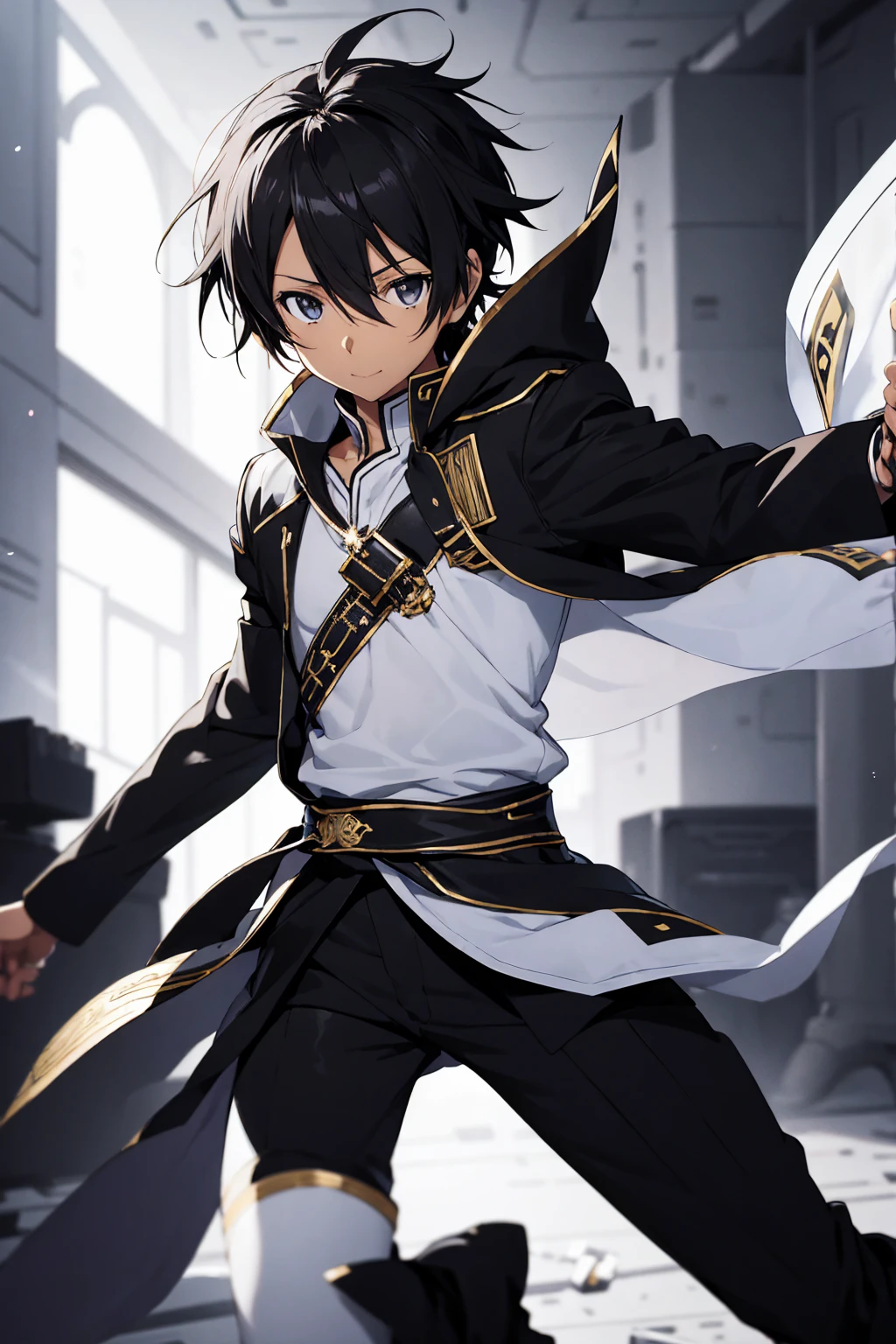 Kirito, Danseuse égyptienne noir et blanc&#39;les vêtements, Tissu transparent noir couvrant sa bouche, rougissant et souriant sexy, debout seul sur un vaisseau spatial, gros seins augmentation mammaire seins peau brune peau foncée regardant la caméra photo de tout le corps