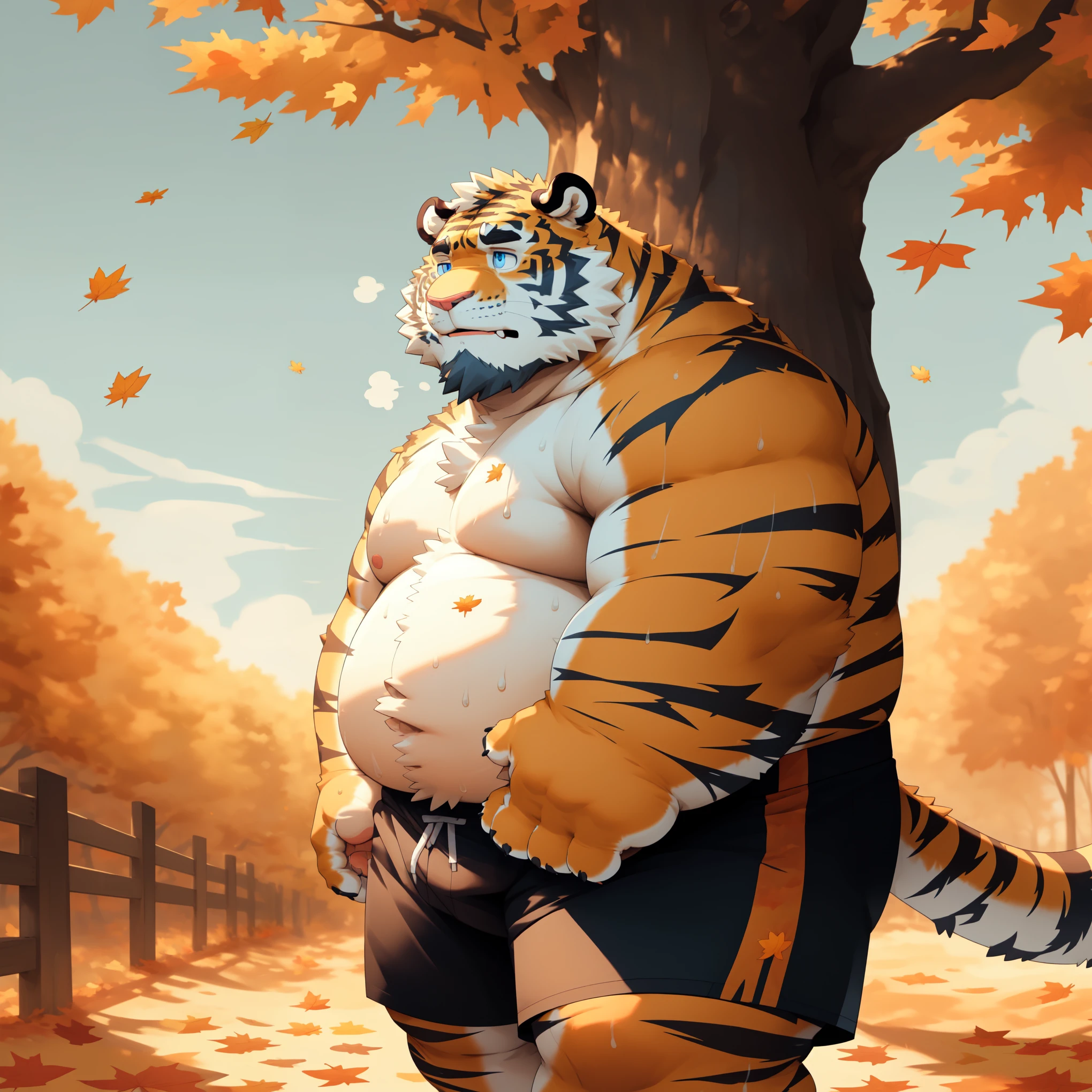 New Jersey 5 Furry,Tiger,Solitary,Chubby,Fat,Thick arms,Rugged muscles,shorts,orange Plush fur,Chubby Face,Black eyebrows,Sky blue eyes,Beard,(topless，Black shorts),(autumn leaves),(Under the tree)，Sweating