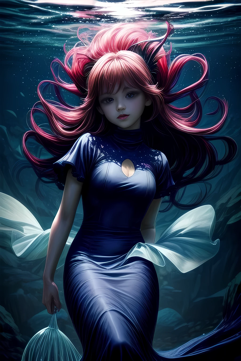 The Little Mermaid, under the sea, detailed fish tail, high-neck shirts, front view, large breasts