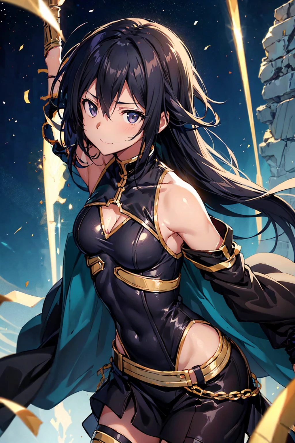 Kirito, Black egyptian dancer&#39;s clothing, black transparent fabric covering her mouth, blushing and smiling sexy, standing alone on a spaceship, big breasts breast enlargement breasts brown skin dark skin looking at the camera full-body shot