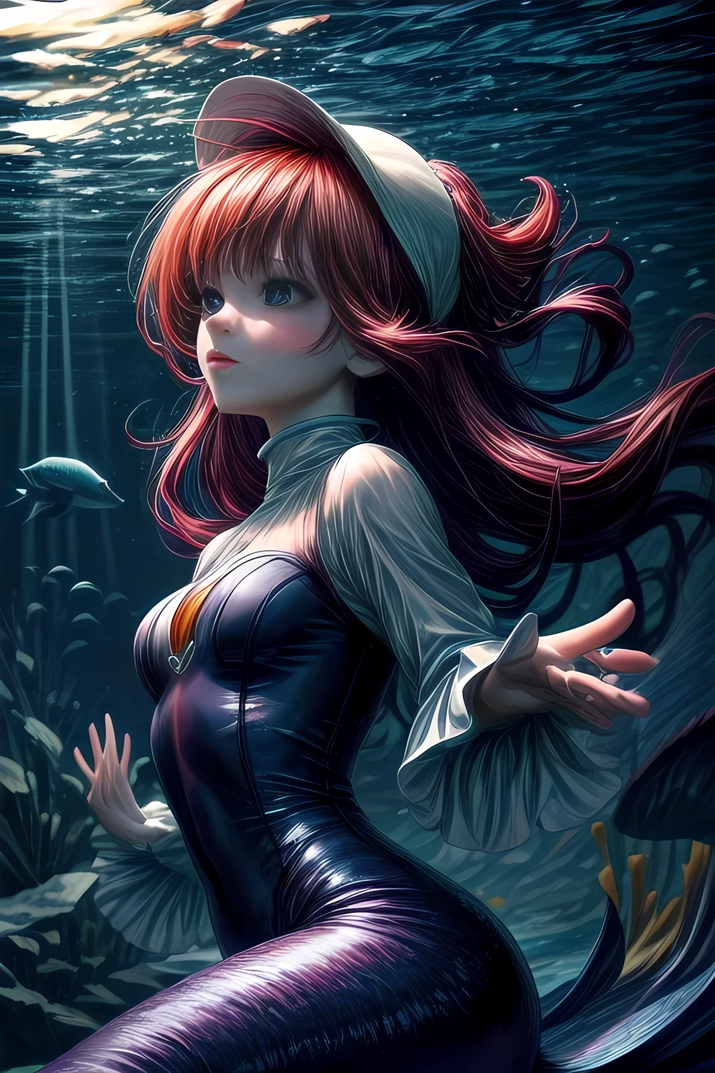 The Little Mermaid, under the sea, detailed fish tail, high-neck shirts, front view, large breasts