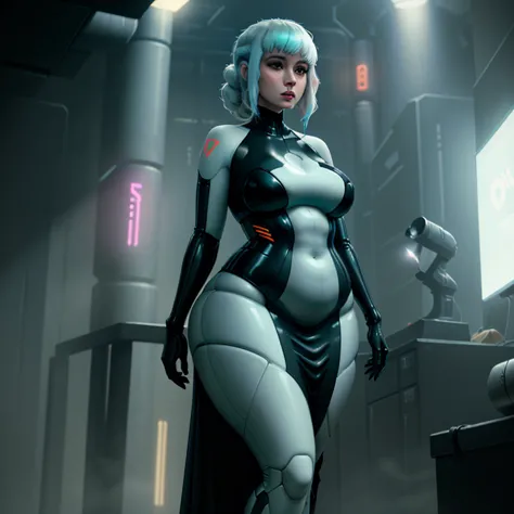 1 female replicant, Sexy gynoid female artificial human, replicant, curvy body, futuristic dress, pudgy, 1girl, beautiful hairst...