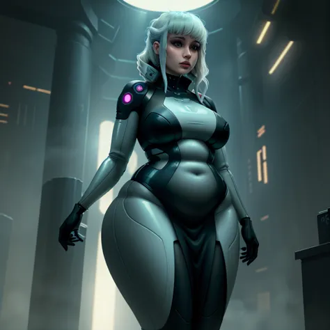 1 female replicant, Sexy gynoid female artificial human, replicant, curvy body, futuristic dress, pudgy, 1girl, beautiful hairst...