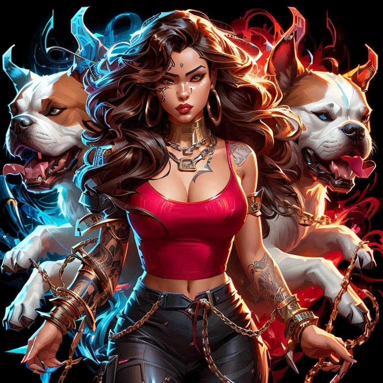 a woman with a dog and chains on her back, stylized urban fantasy artwork, epic digital art illustration, art cover illustration, artgerm , zenescope, in style of digital illustration, background artwork, official artwork, a and artgerm, epic full color illustration,detailed cover artwork