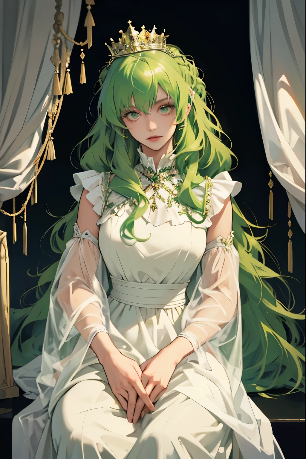 (masterpiece, highest quality), 1 Girl, alone, (Queen:1.15), Green Hair, Long Hair, curtain, White Dress, Queen&#39;s Dress, Aurora, (sunlight, null, river, forest), Expressionless, Red eyes, (Art Nouveau:1.2), Alphonse Mucha, tiara, (Face focus, Upper Body), (Red Throne:1.12), Very intricate details, Realistic Light, smile