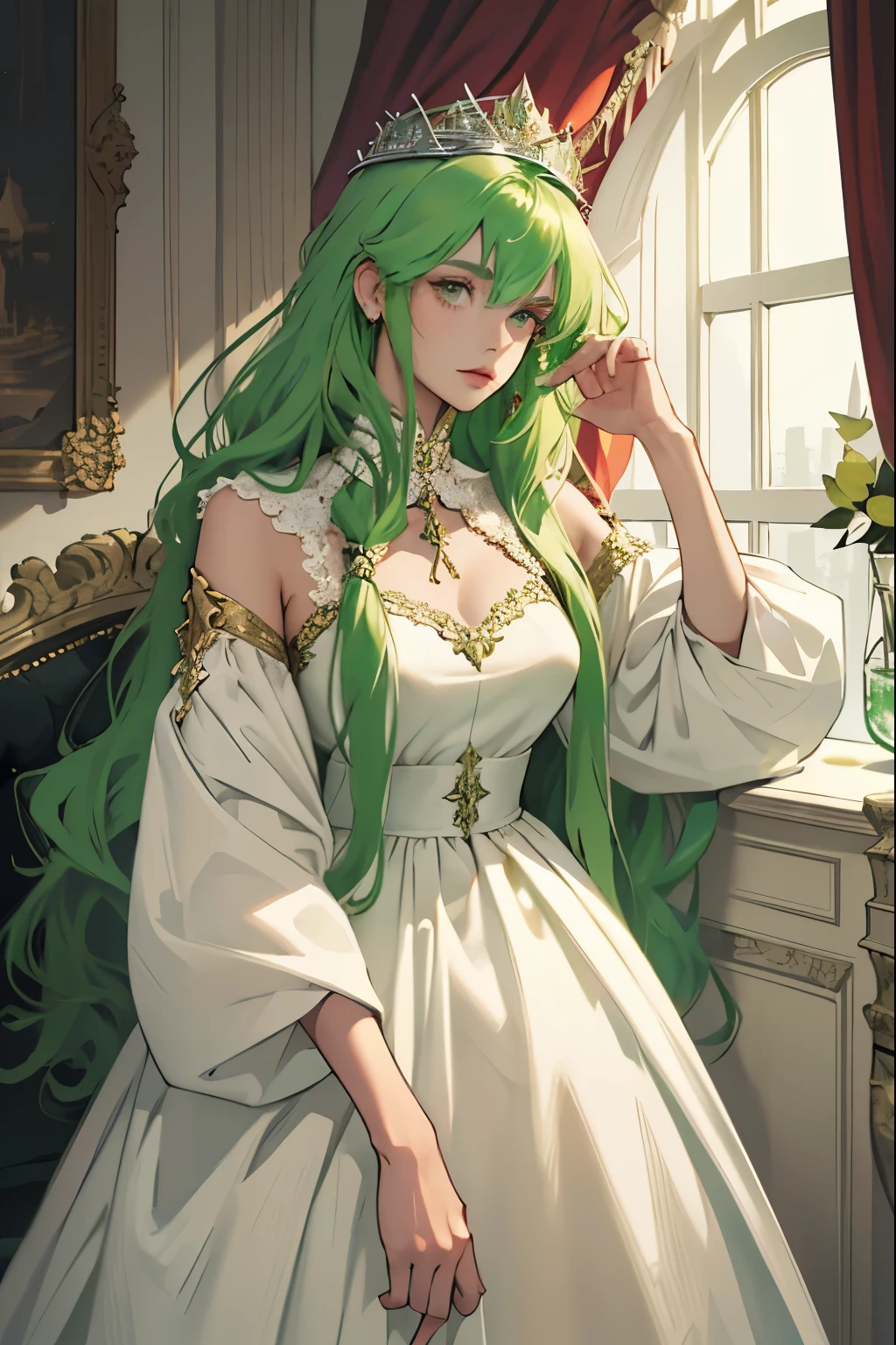 (masterpiece, highest quality), 1 Girl, alone, (Queen:1.15), Green Hair, Long Hair, curtain, White Dress, Queen&#39;s Dress, Aurora, (sunlight, null, river, forest), Expressionless, Red eyes, (Art Nouveau:1.2), Alphonse Mucha, tiara, (Face focus, Upper Body), (Red Throne:1.12), Very intricate details, Realistic Light, smile