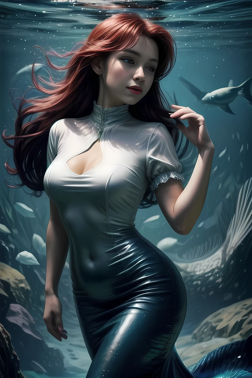 The Little Mermaid, under the sea, detailed fish tail, high-neck shirts, front view, large breasts