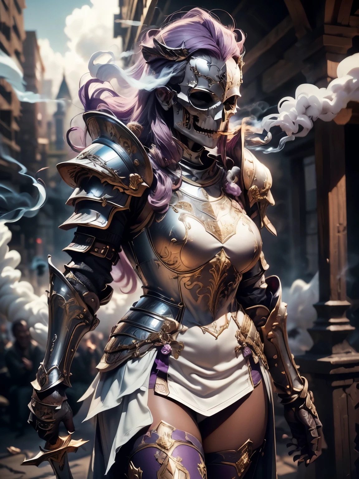 (Masterpiece, Superb Detail, Super Detailed, High Resolution), Male Focus, (((Female Armor))), (((Armor Dress Set))), (((Skull Mask))), (She Has Long Purple Hair, Medium Breasts, Slim, perfect body, beautiful face), look at viewer, (((white panty))), (((holding smoke sword))), City Ruins, Background Details, Solo