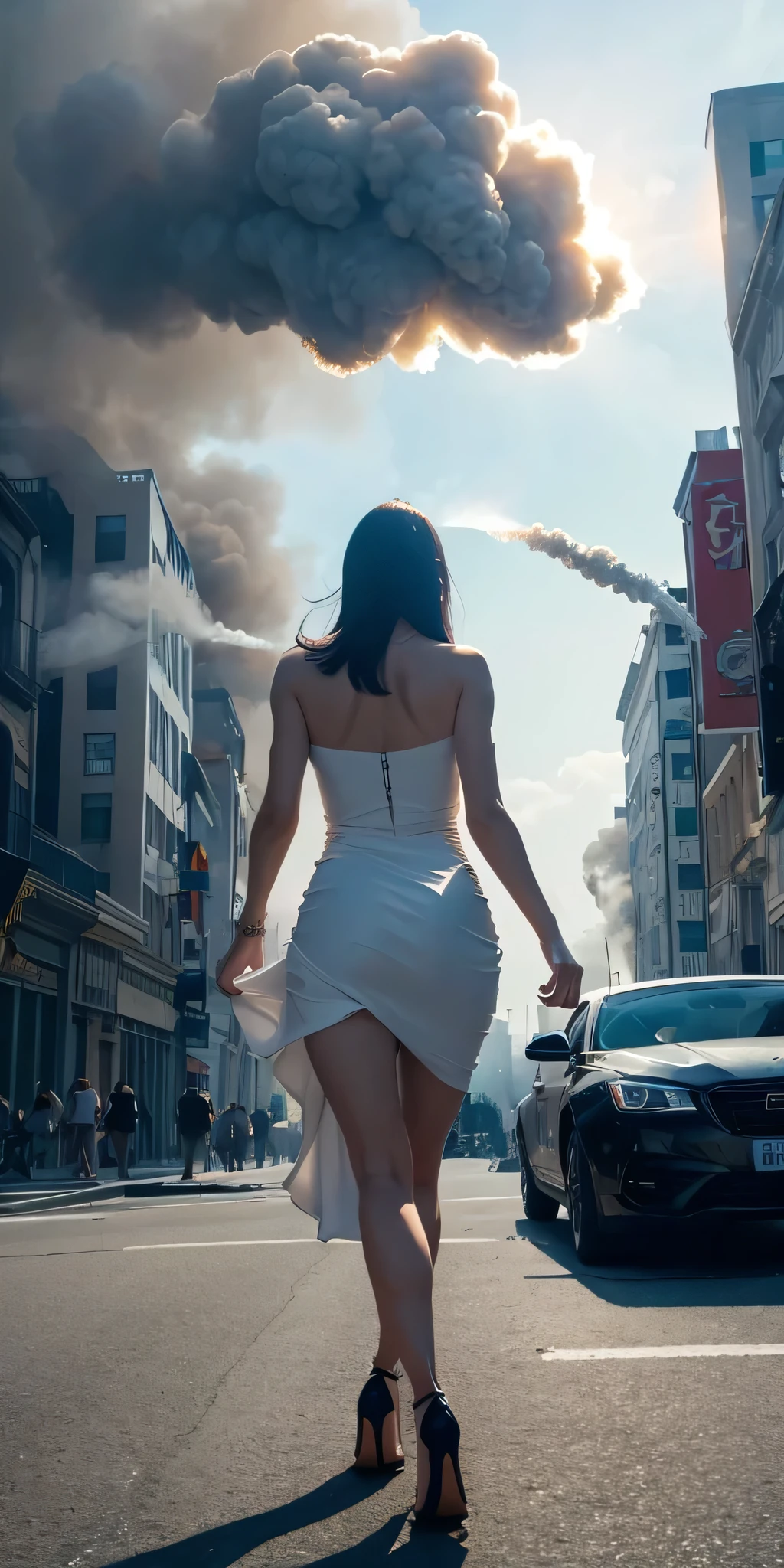 Araffe woman in white dress walking down street with smoke coming out of  her head - SeaArt AI