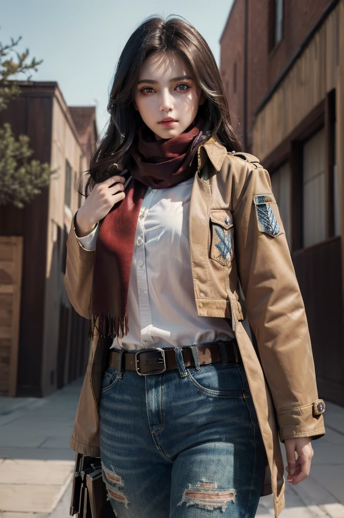 (best quality, masterpiece:1.4), (realism:1.2), (realism:1.2), (absurd:1.2), (Reality:1.3), 1 Girl,Realistic skin,Solitary,( Very big eyes,Beautiful and delicate eyes, Symmetrical eyes), outdoor,Cowboy shooting,plan_Ackerman, scarf, Jacket, Paradise military uniform, belt, Thigh straps