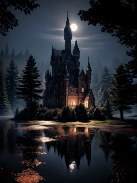 castle, upbeat, surrounded by trees, foggy, dark night, moon and clear sky, (masterpiece),((ultra detailed)), (highly detailed c...