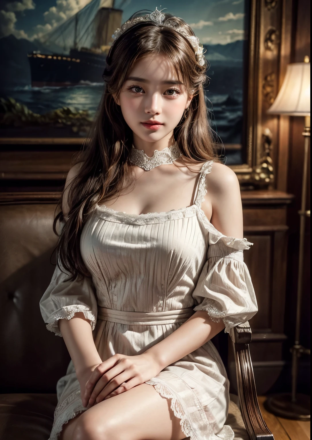 A beautiful, detailed, photorealistic portrait of a young, cute Korean girl sitting on the deck of the RMS Titanic in 1913, wearing an above-the-knee length Dandelion Flower Lace Collar Blouse pink dress, with extremely detailed facial features, large expressive eyes, high-quality rendering, cinematic lighting, intricate fabric textures, and a nostalgic, romantic atmosphere, upper body shot, bright skin, very beautiful atmosphere, detailed dress, detailed Titanic ship view, realistic Titanic ship, realistic atmosphere, every thing is realistic, explore very big deck of the RMS Titanic ship, iceberg near Titanic ship, cutest smile, realistic smile, (very clear scenery of RMS Titanic Ship), slender girl, perfect figure, young body, perfect round young breasts, (vintage fashion pink dress), hyper realistic, 8k, (best quality,4k,8k,highres,masterpiece:1.2),ultra-detailed,(realistic,photorealistic,photo-realistic:1.37),HDR, UHD, studio lighting, ultra-fine painting, sharp focus, beautiful thighs, mouth watering beauty, ship besides beautiful scenery, princess pink crown on head