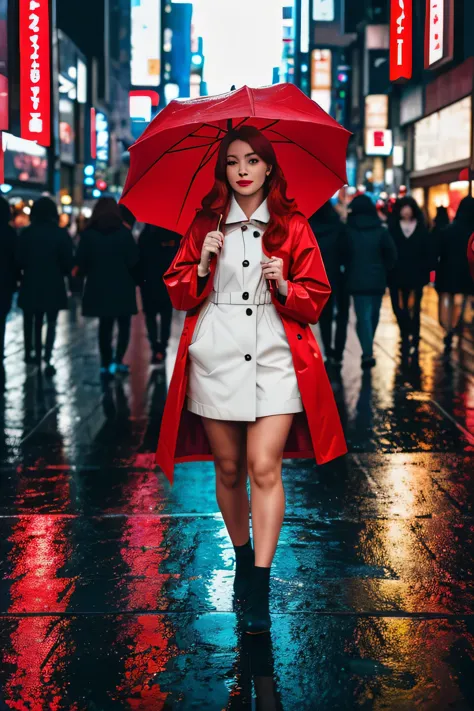 8k photo portrait of a redhead woman in a red raincoat, at a bustling crosswalk in shibuya at night, highly detailed, vibrant, p...