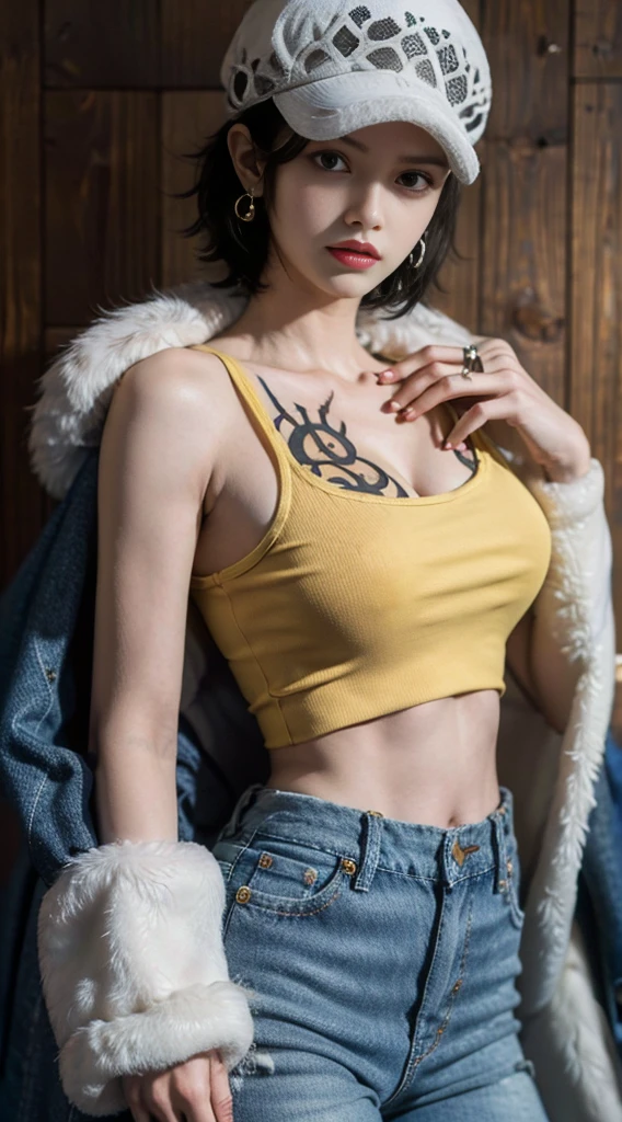 masterpiece, best quality, 8k,highestres, absurdres, extremely detailed, female trafalgar law, solo, looking at viewer, short hair, medium breasts, hat, navel, cleavage, collarbone, earrings, midriff, pants, coat, fur trim, denim, jeans, shoulder tattoo,   black fur-trimmed coat, coat on shoulders, yellow tank top,