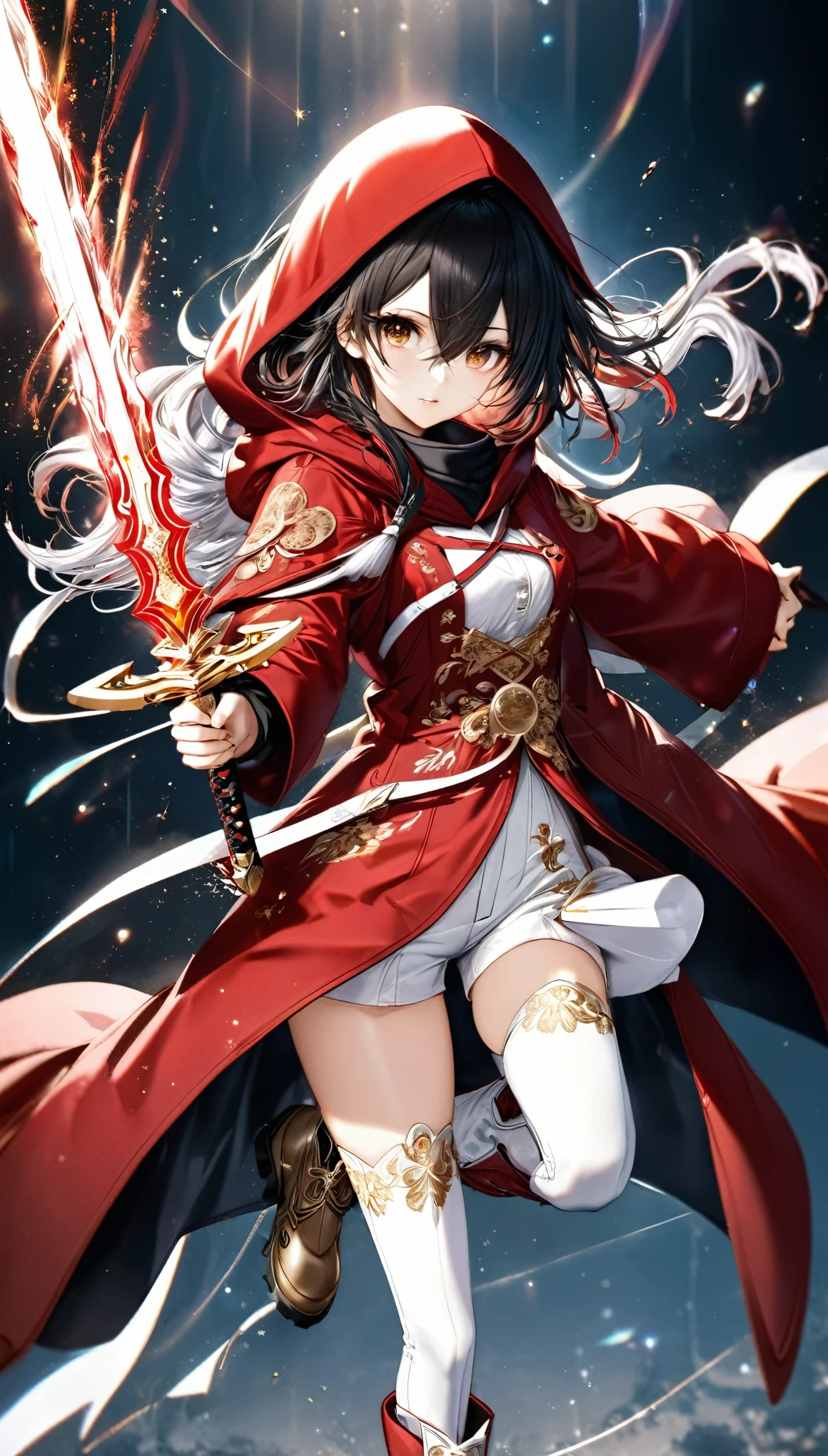 best quality, super fine, 16k, incredibly absurdres, extremely detailed, delicate and dynamic, cool beauty and cute female swordsman, big holy sword, red hooded long coat with gold embroidery, hood up, white pants, long boots, black messy hair and hair between eye, shining aura image effect