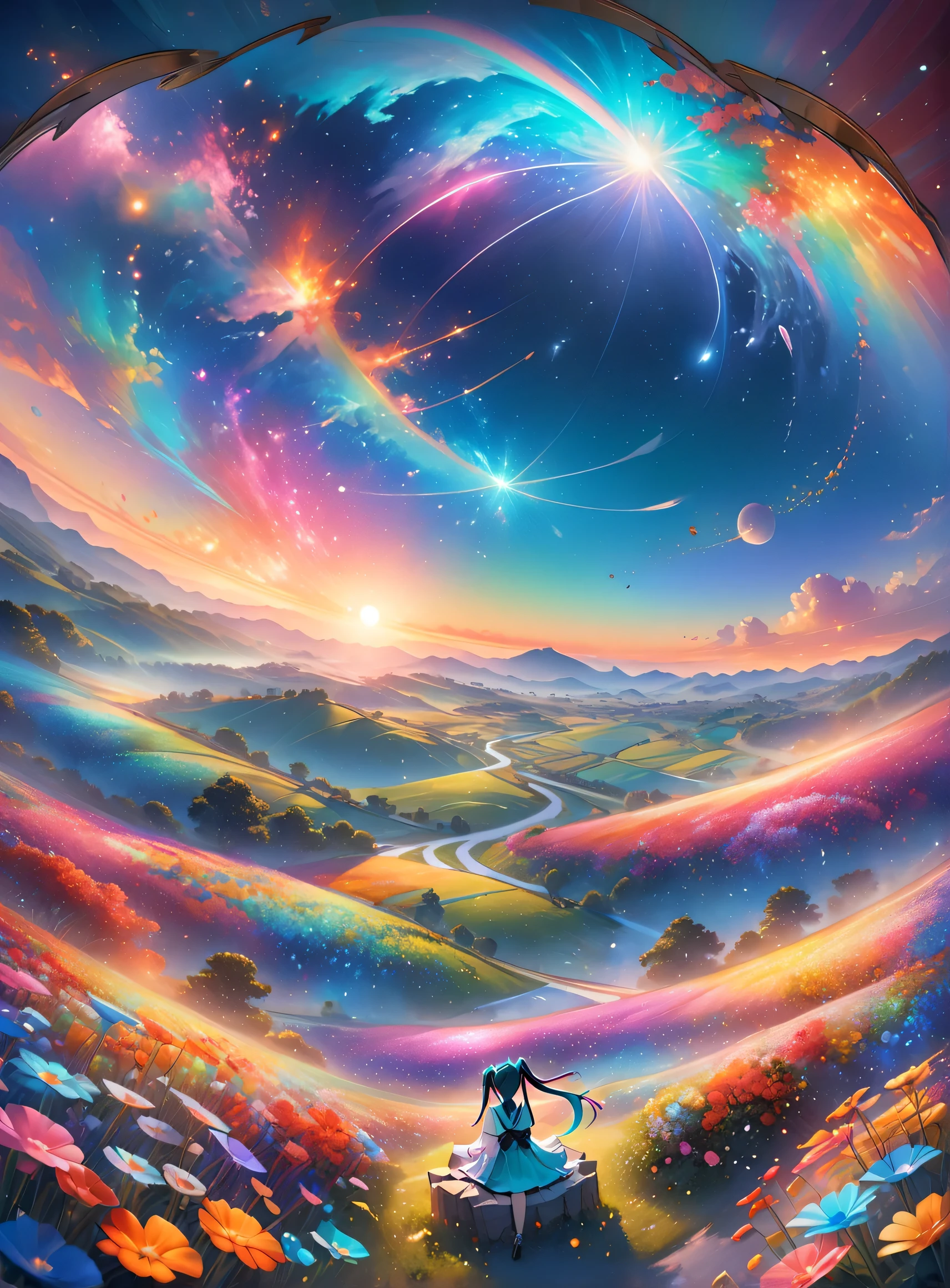 A flock of dolphin-shaped cloudorning、Show Viewer, Focus Only, Dynamic Angle, Ultra-fine, Depth of written boundary, Wide-angle lens, A wide range of landscape photography ,( The lower field seen from above), Man sitting in a flower field, (full moon), (meteor), (nebula), Making Art, (Warm light source), (fire Fly), lamp, Intricate details, Volumetric lighting , (highest quality), Very detailed, (Dynamic configuration), Very detailed, Rich and colorful details,( Rainbow-colored), (Bright lighting, Atmospheric lighting), dream-like, magic, Lens flare, (Rich and colorful), lamp light, High resolution, Clear focus, Smooth, Rich and colorful light, particle, Galaxy color scheme、(((Hatsune Miku)))