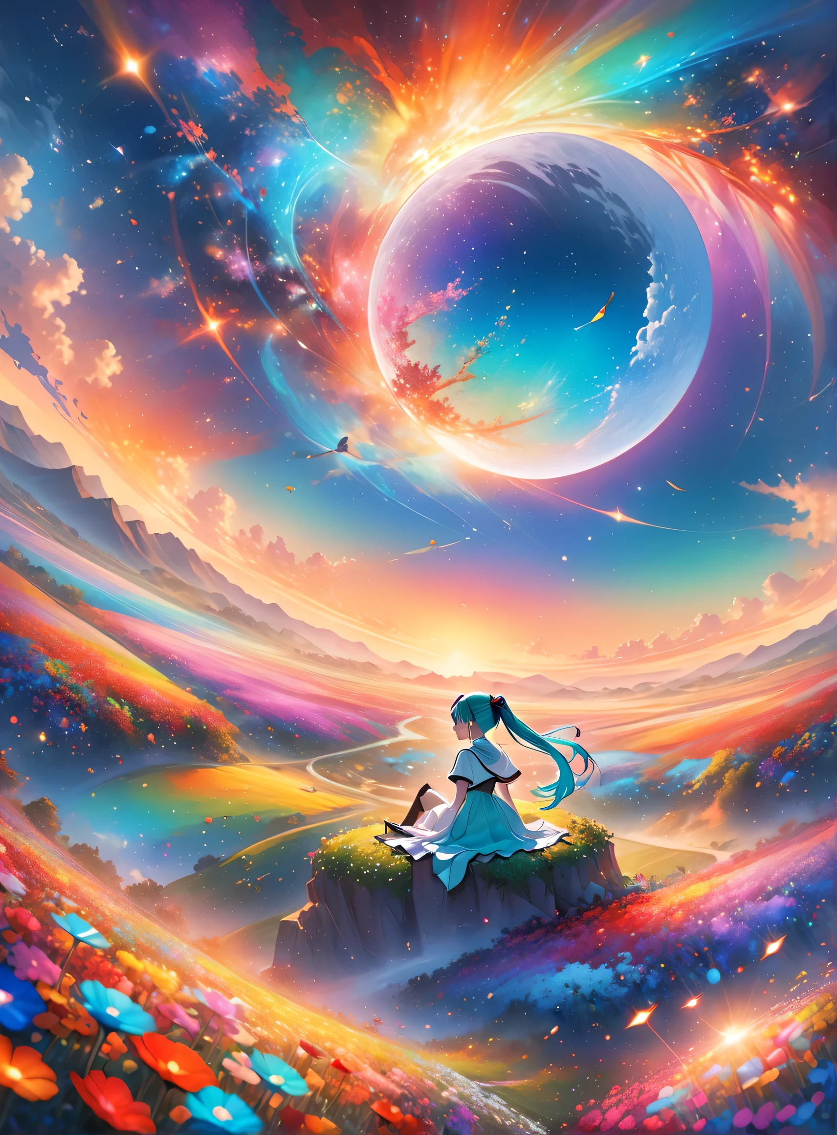 A flock of dolphin-shaped cloudorning、Show Viewer, Focus Only, Dynamic Angle, Ultra-fine, Depth of written boundary, Wide-angle lens, A wide range of landscape photography ,( The lower field seen from above), Man sitting in a flower field, (full moon), (meteor), (nebula), Making Art, (Warm light source), (fire Fly), lamp, Intricate details, Volumetric lighting , (highest quality), Very detailed, (Dynamic configuration), Very detailed, Rich and colorful details,( Rainbow-colored), (Bright lighting, Atmospheric lighting), dream-like, magic, Lens flare, (Rich and colorful), lamp light, High resolution, Clear focus, Smooth, Rich and colorful light, particle, Galaxy color scheme、(((Hatsune Miku)))