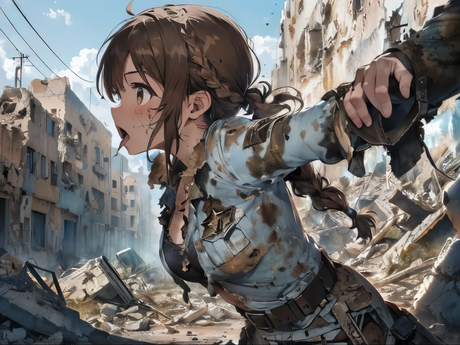 ((A ruined city full of rubble)),(After the war),((Vast landscape full of rubble)),(wearing tattered slave-like clothes),((Brown Hair)),(Braided Short Hair),((Brown eyes)),((profile)),((Horizontal line of sight)),(Surprised face),((Surprise Mark)),((Amazing)),((I opened my mouth wide in surprise.)),((Surrounded by several men)),(((being attacked by someone&#39;being grabbed by the arm or hair)))
