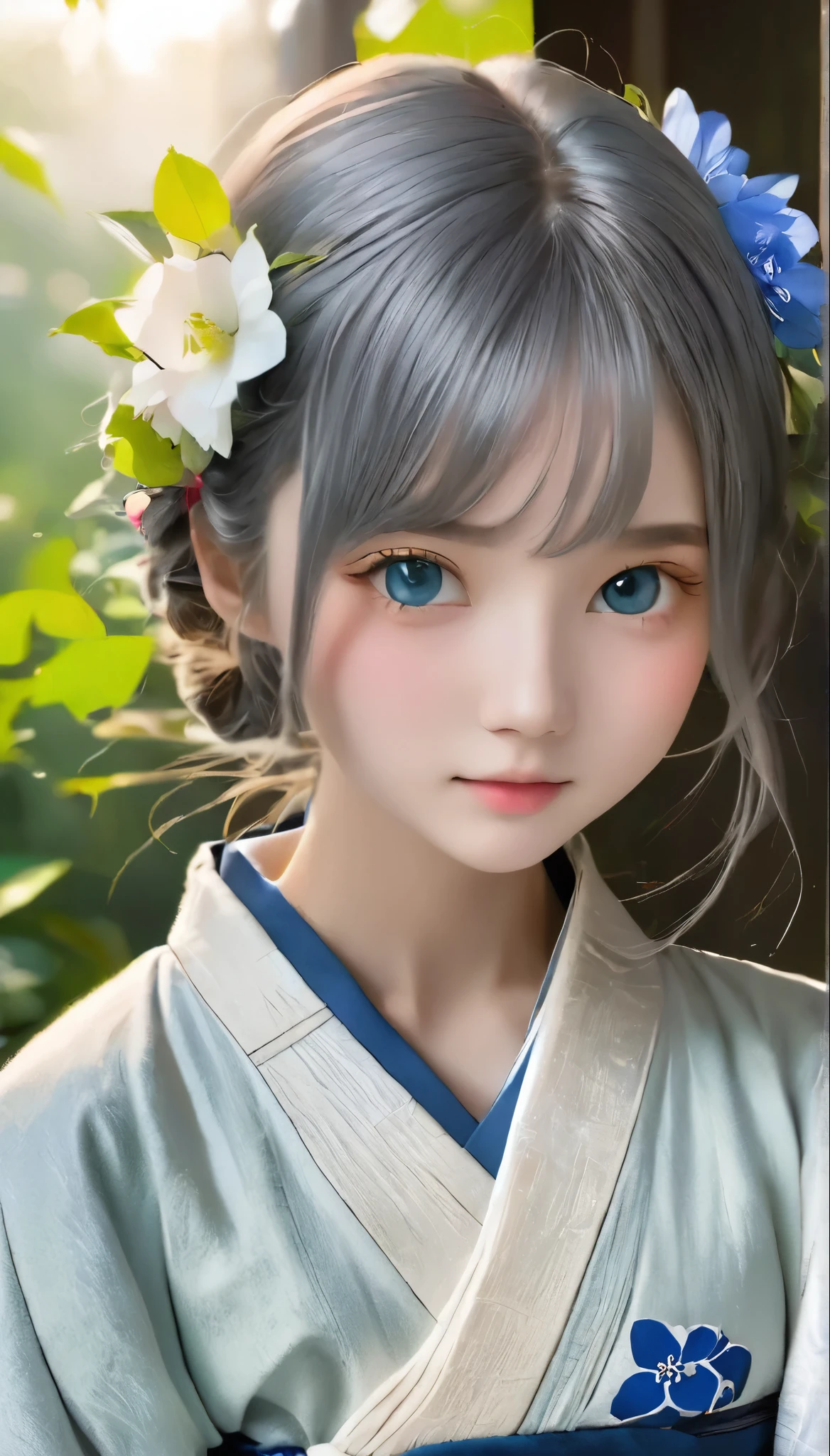 (((RAWphotograph:1.3、Realistic、Ultra-realism)))、highest quality, Tabletop, High resolution, (((One Girl))), 16 years old,(((eyes are gray:1.3)))、Gray kimono、((美しいGray kimono)), Tyndall effect, Realistic, Shadow Studio,Ultramarine Lighting, Dual Tone Lighting, (High Definition Skins: 1.2)、Pale colored lighting、Dim lighting、 Digital SLR, photograph, High resolution, 4K, 8k, Background Blur,Beautiful fade out、gray flower world