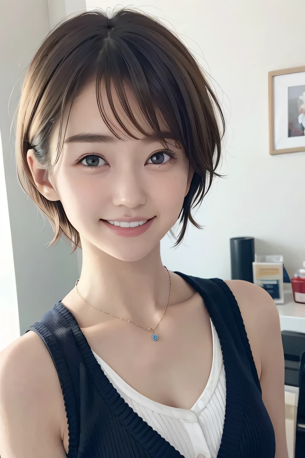 205 ((short hair)), 20-year-old female, In underwear、Put a cardigan over your shoulders、 A refreshing smile、Beautiful teeth alignment、Dark eyeliner、Dark brown hair、ear piercing、Necklace around the neck、Looking at the cameraカーディガンを袖を通さずに着る