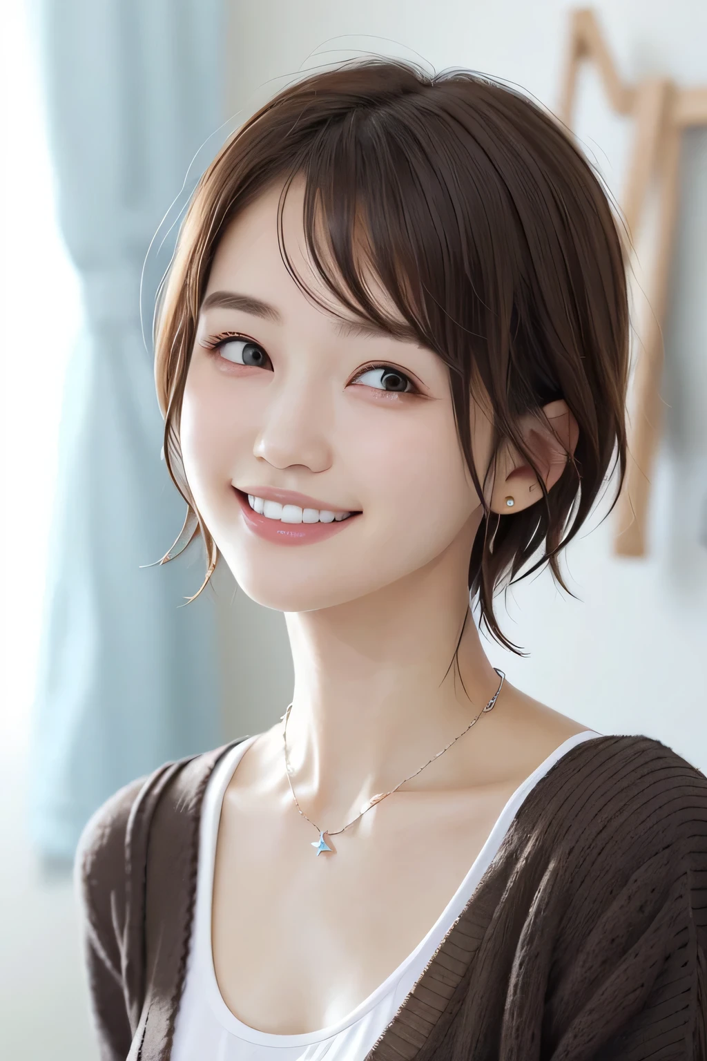 205 ((short hair)), 20-year-old female, In underwear、cardigan、 A refreshing smile、Beautiful teeth alignment、、Dark brown hair、ear piercing、Necklace around the neck、Looking into the camera

