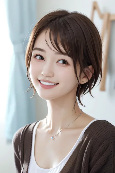 205 ((short hair)), 20-year-old female, In underwear、cardigan、 A refreshing smile、Beautiful teeth alignment、、Dark brown hair、ear...