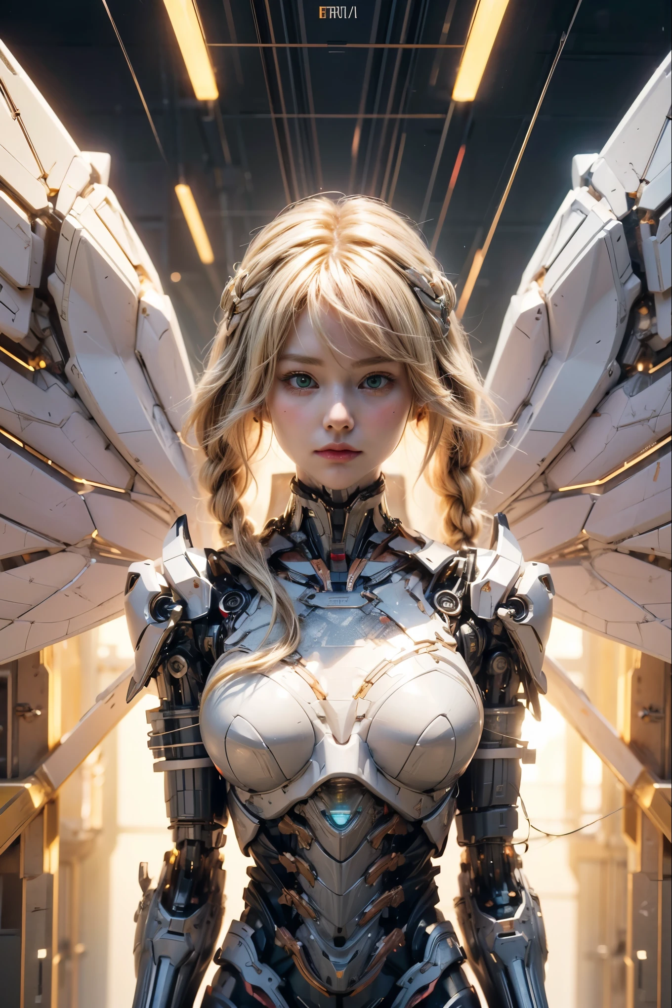 masterpiece, best quality, movie,official art, promotional art, movie wallpaper, extremely detailed CG unity 4k wallpaper, intricate details, white background, full body, concept art, production art, (Mechanical components:1.5),(mechanical prosthesis:1.5), mechanical wings, wings, highres, (realistic, photo-realistic:1.2), physically-based rendering, machinery, reflection, realistic, cyberpunk, symmetric front view close up head shot eyes symmetry face very sharp focus realistic award winning matte drawing cinematic lighting
1girl, robot, (illustration:1.1), slim,
fair skin,delicate face, tights,shine, Bodysuit, (blond long hair),green eyes, laboratory,
chip, shine,braid