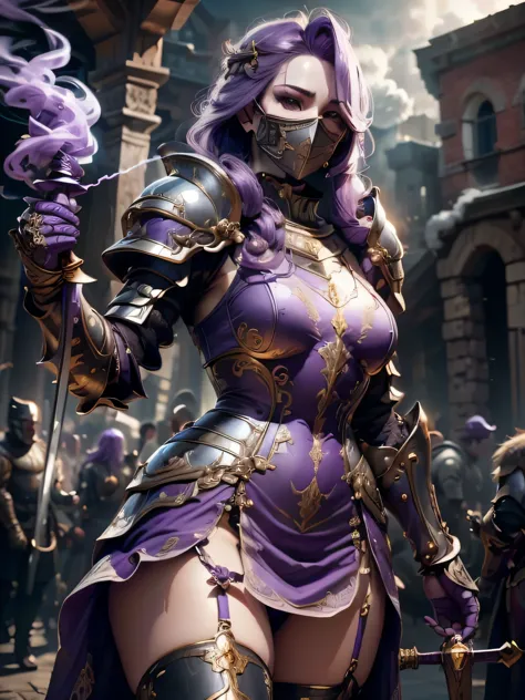 (Masterpiece, Superb Detail, Super Detailed, High Resolution), Male Focus, (((Female Armor))), (((Armor Purple Dress Set))), (((...