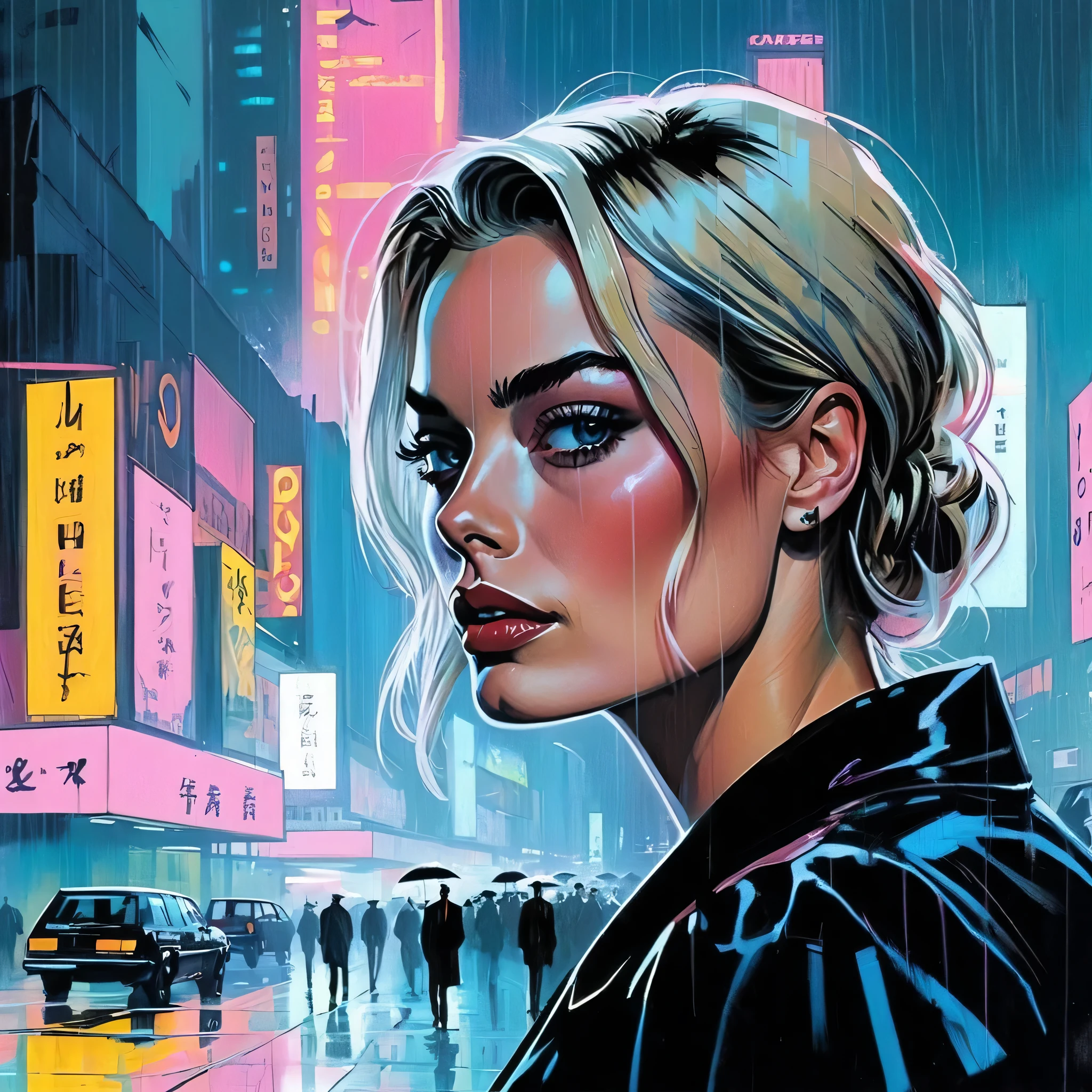 (Margot Robbie), nighttime, cyberpunk city, dark, raining, neon lights , (Syd Mead Style,pastel colors ), cyberpunk, synthwave, 1980s, futurism, brutalism, neuromancer, cinematic photo in California, art by Antoine Le Nain, art by Antoine Verney-Carron,((art by Ross Bleckner)),intimate close eye contact, intense detailed eyes,,art by Jakub Rozalski, 1920+ Poland,art by Adrian Tomine