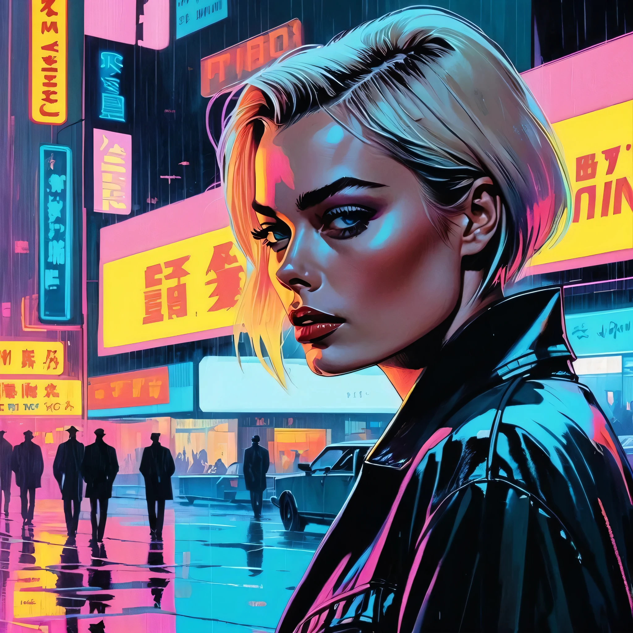 (Margot Robbie), Noche, ciberpunk city, dark, lloviendo, luces de neón , (Estilo Syd Mead,colores pasteles ), ciberpunk, onda sintetizada, década de 1980, futurismo, brutalism, neuromante, foto cinematográfica en california, arte de Antoine Le Nain, arte de Antoine Verney-Carron,((arte de Ross Bleckner)),contacto visual íntimo y cercano, ojos intensos y detallados,,arte de Jakub Rozalski, 1920+ Polonia,arte de Adrián Tomine