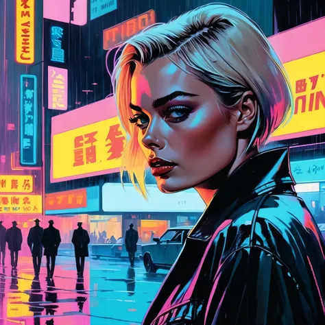 (Margot Robbie), nighttime, cyberpunk city, dark, raining, neon lights , (Syd Mead Style,pastel colors ), cyberpunk, synthwave, ...