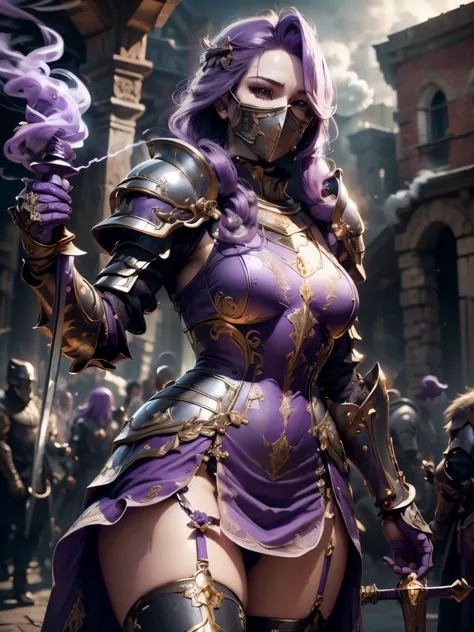 (masterpiece, superb detail, super detailed, high resolution), male focus, (((female armor))), (((armor purple dress set))), (((...