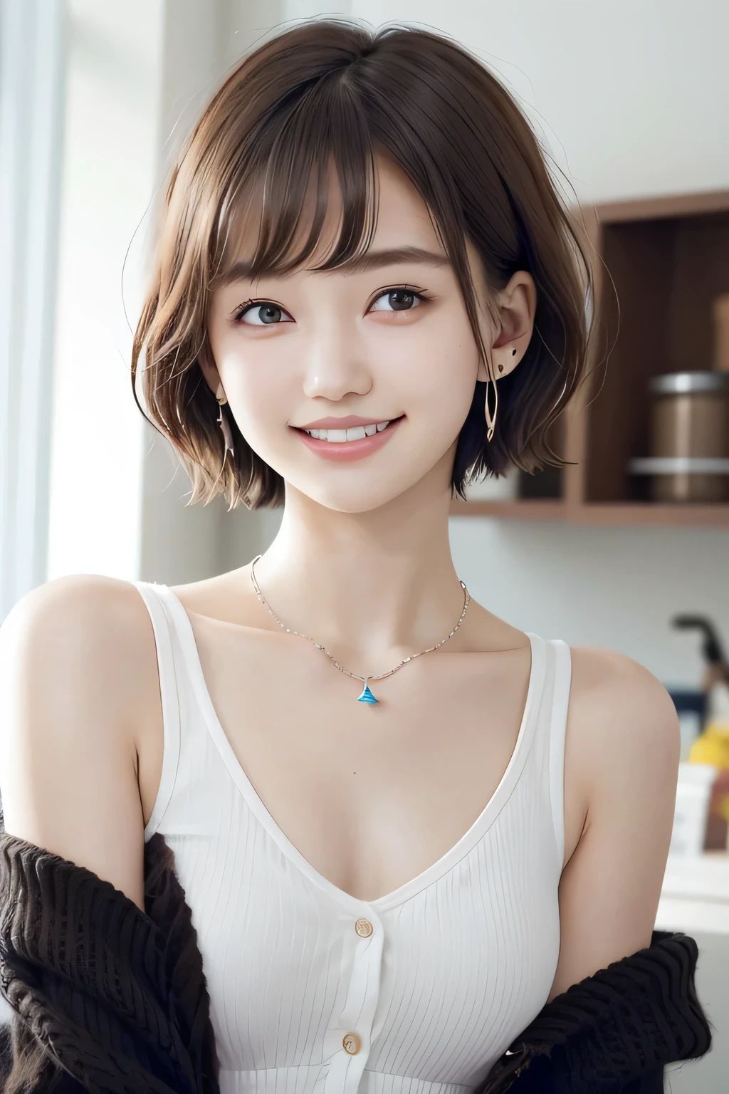 205 ((short hair)), 20-year-old female, In underwear、Put a cardigan over your shoulders、 A refreshing smile、Beautiful teeth alignment、Dark eyeliner、Dark brown hair、ear piercing、Necklace around the neck、Looking at the camera