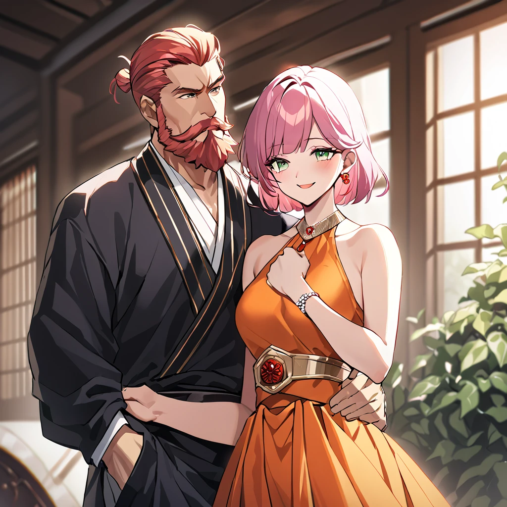 ((highest quality)), ((masterpiece)), (detailed), （Perfect Face）、（The woman is Rena, with short pink hair that she has down, a happy smile on her face, and is in a luxurious samurai mansion.、The woman is wearing an orange mini dress and lavish accessories such as earrings and a necklace.）、A husband and wife are peacefully close together, the woman leans on her husband and the man embraces his wife. The husband is 60 years old and the wife is 32 years old.、The man is Oda Nobunaga, with his dignified beard and topknot, wearing formal attire such as a hakama.