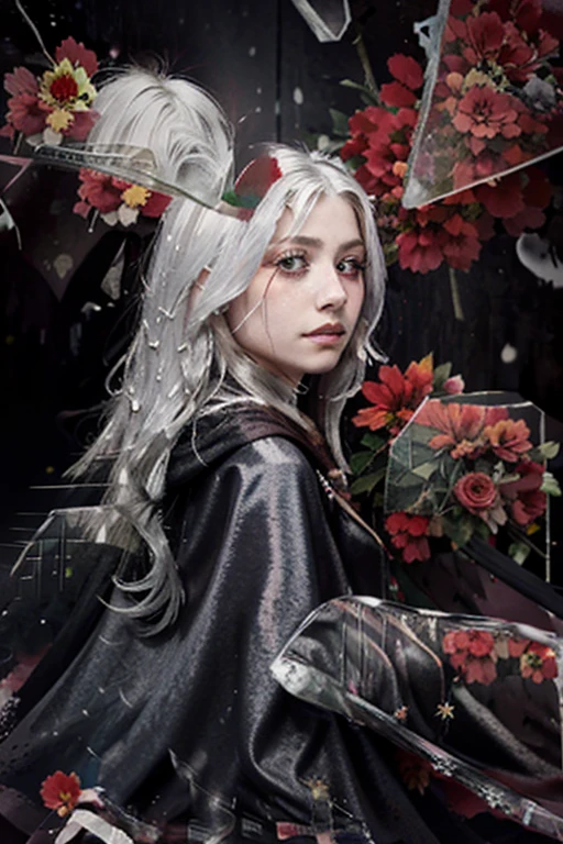 1 woman,solo,((beautiful detailed eyes)), (detailed light),depth of field,(white hair),silver eyes,hair over one eye,(red flower ), hair flower,long hair,black cloak,wet,emotionless,looking back,night,starfall,raining,fog,red flowers falling,sketch,upper body,intense shadows