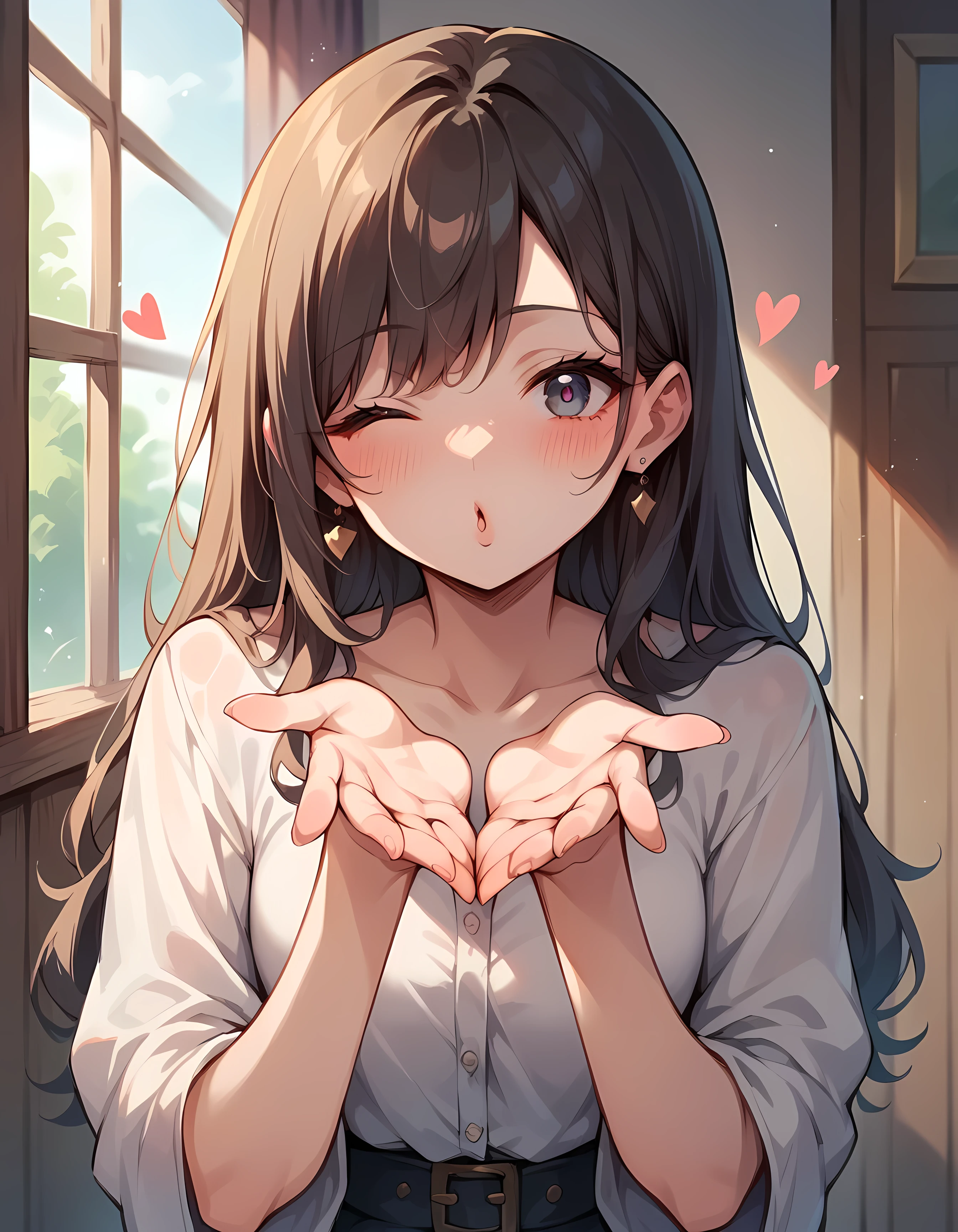 Anime girl making heart with hands in front of window - SeaArt AI