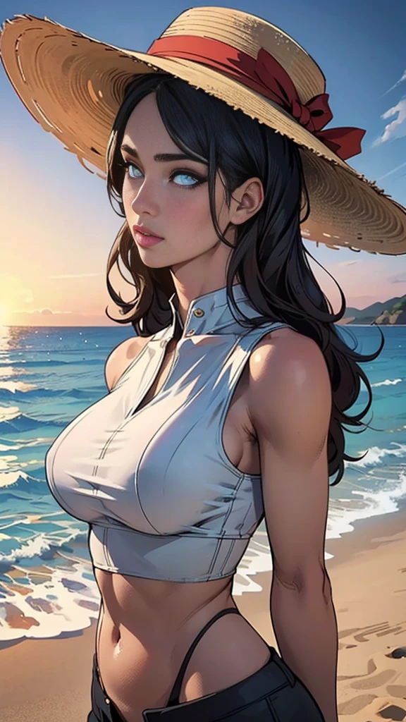 1girl in a beach wearing a crop top and a big hat, detailed facial features, beautiful detailed eyes, beautiful detailed lips, extremely detailed face and skin, longeyelashes, golden hour sunlight, glowing skin, ocean waves, sandy beach, detailed background, cinematic lighting, vibrant colors, photorealistic, 8k, high resolution, best quality, masterpiece