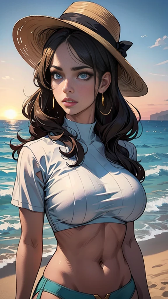 1girl in a beach wearing a crop top and a big hat, detailed facial features, beautiful detailed eyes, beautiful detailed lips, extremely detailed face and skin, longeyelashes, golden hour sunlight, glowing skin, ocean waves, sandy beach, detailed background, cinematic lighting, vibrant colors, photorealistic, 8k, high resolution, best quality, masterpiece