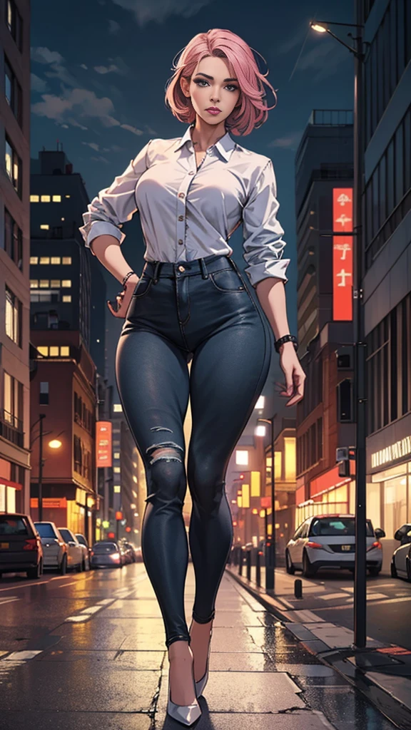 1girl,hips up,pink hair,blue eyes,skinny jeans,white shirt,city background,beautiful detailed eyes,beautiful detailed lips,extremely detailed eyes and face,long eyelashes,realistic,photorealistic,photo-realistic:1.37,best quality,4k,8k,highres,masterpiece:1.2,ultra-detailed,HDR,UHD,studio lighting,ultra-fine painting,sharp focus,physically-based rendering,extreme detail description,professional,vivid colors,bokeh,cityscape,urban environment,skyscraper,modern architecture,street,sidewalk,traffic,cloudy sky