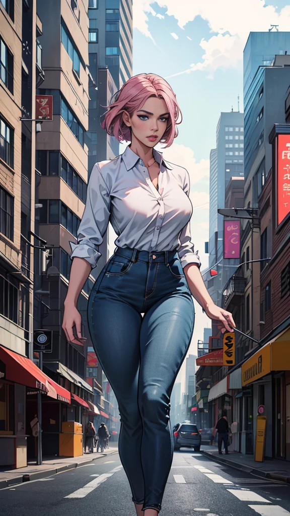 1girl,hips up,pink hair,blue eyes,skinny jeans,white shirt,city background,beautiful detailed eyes,beautiful detailed lips,extremely detailed eyes and face,long eyelashes,realistic,photorealistic,photo-realistic:1.37,best quality,4k,8k,highres,masterpiece:1.2,ultra-detailed,HDR,UHD,studio lighting,ultra-fine painting,sharp focus,physically-based rendering,extreme detail description,professional,vivid colors,bokeh,cityscape,urban environment,skyscraper,modern architecture,street,sidewalk,traffic,cloudy sky